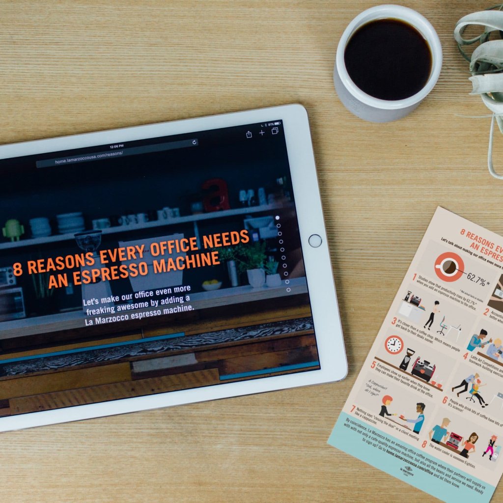 Website and illustrative flyer for the Convince Your Boss office coffee campaign