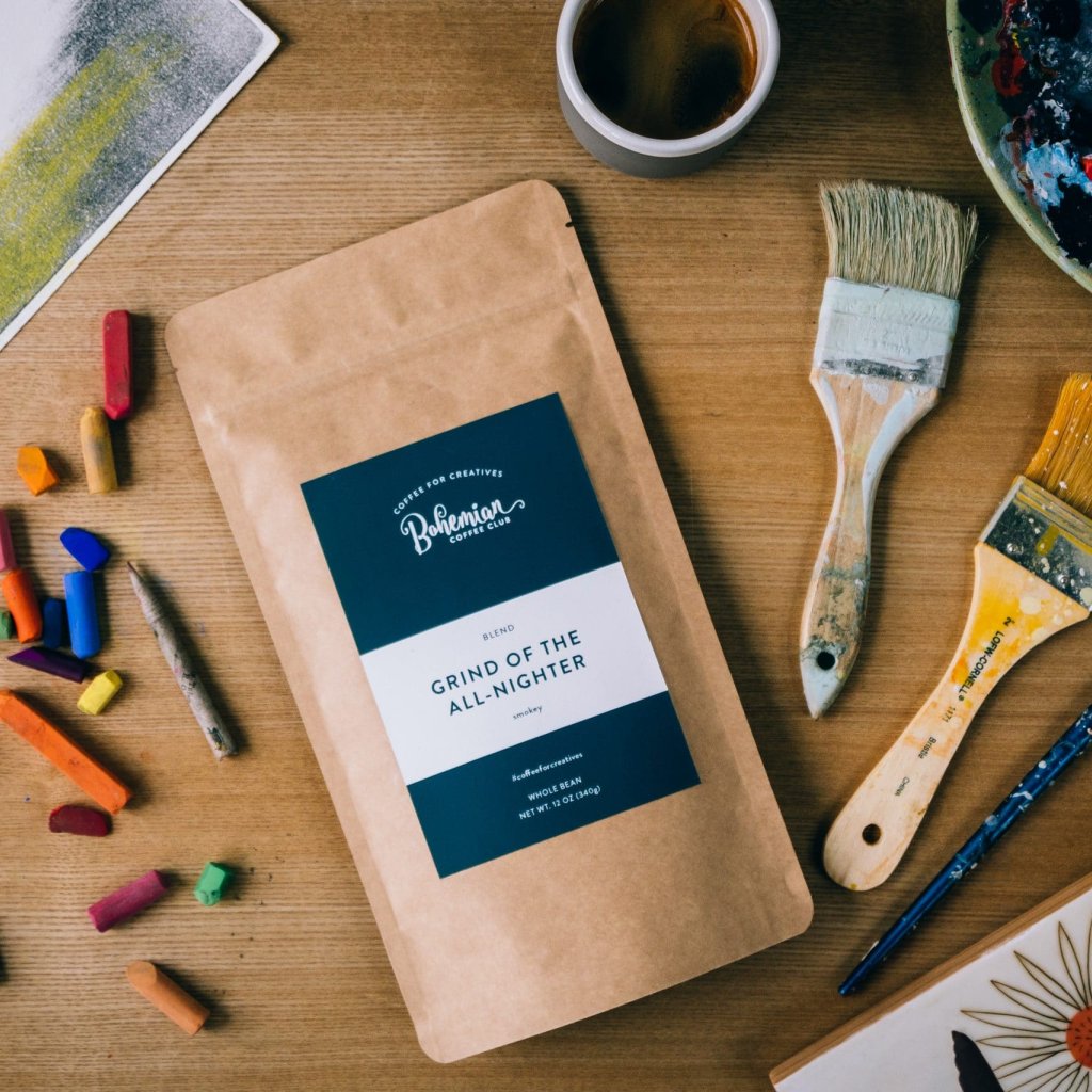 Bohemian Coffee Club coffee bag surrounded by art supplies