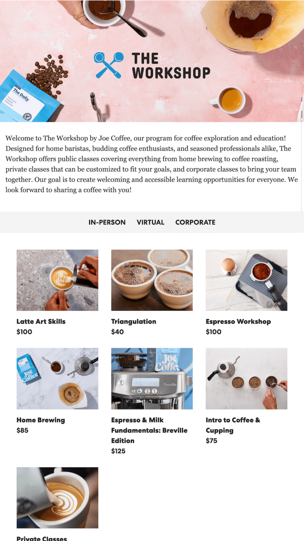 Joe Coffee website classes iPhone view