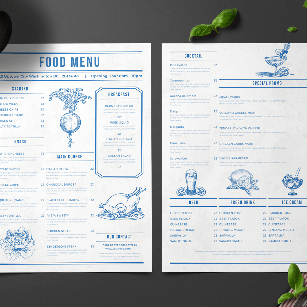 photo of a sample food menu surrounded by ingredients such as basil and tomato