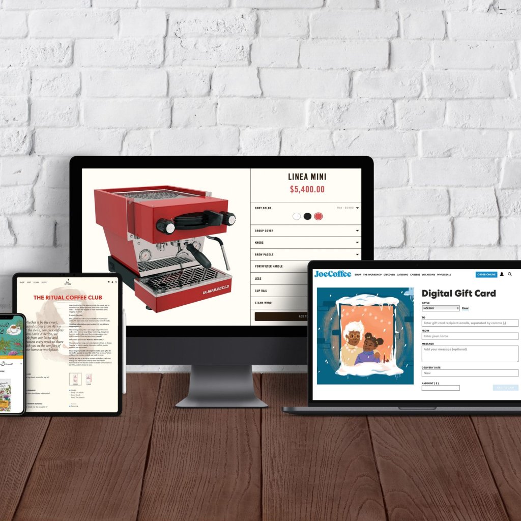 four websites on a variety of devices, showcasing their product pages