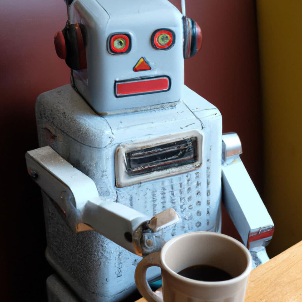 A realistic photo of a vintage midcentury robot drinking coffee