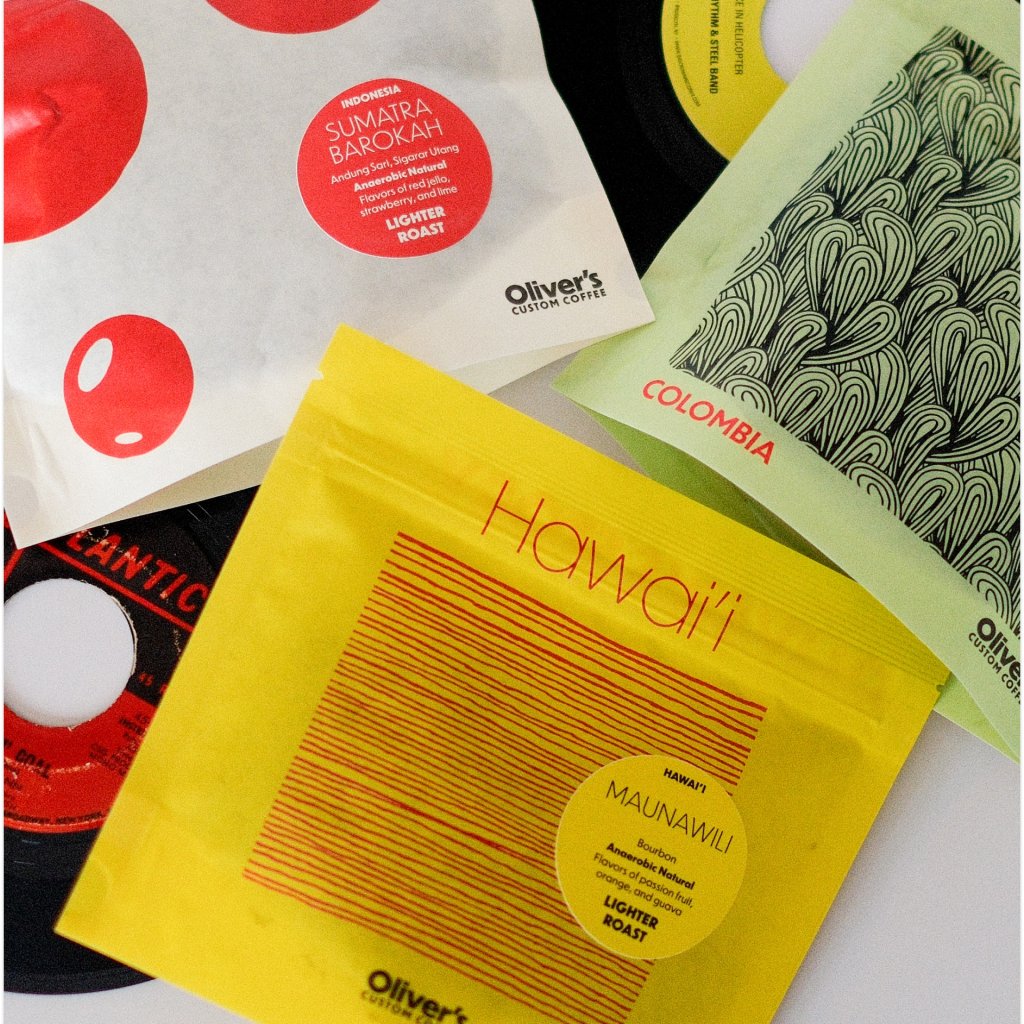 3 coffee bags with records