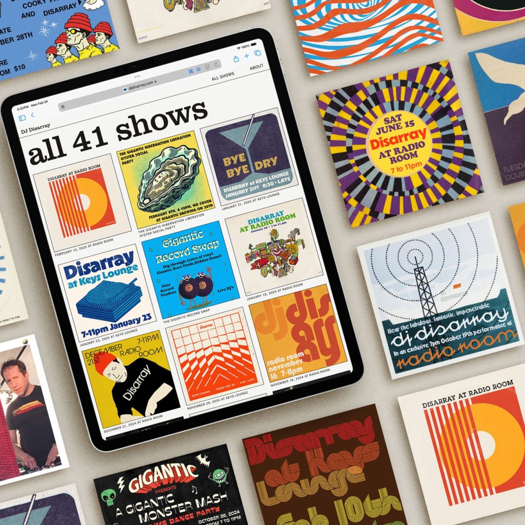 An iPad showing the DJ Disarray website, along with other artwork