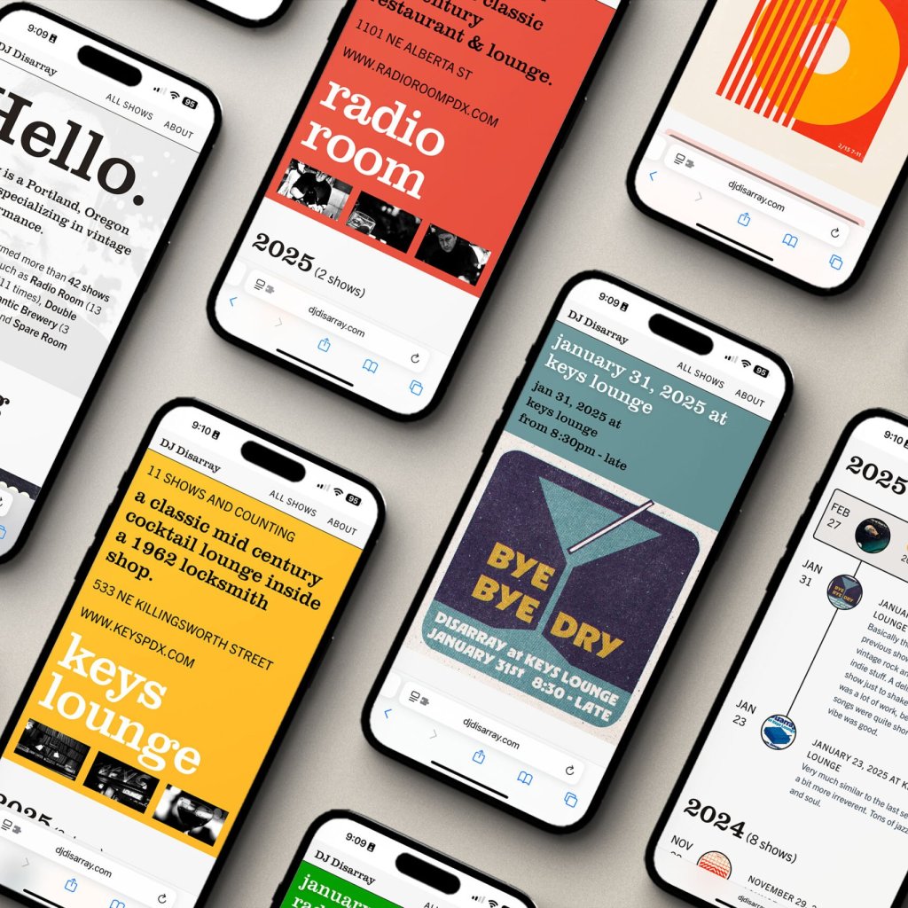 A collection of iPhone devices demonstrating the DJ Disarray website