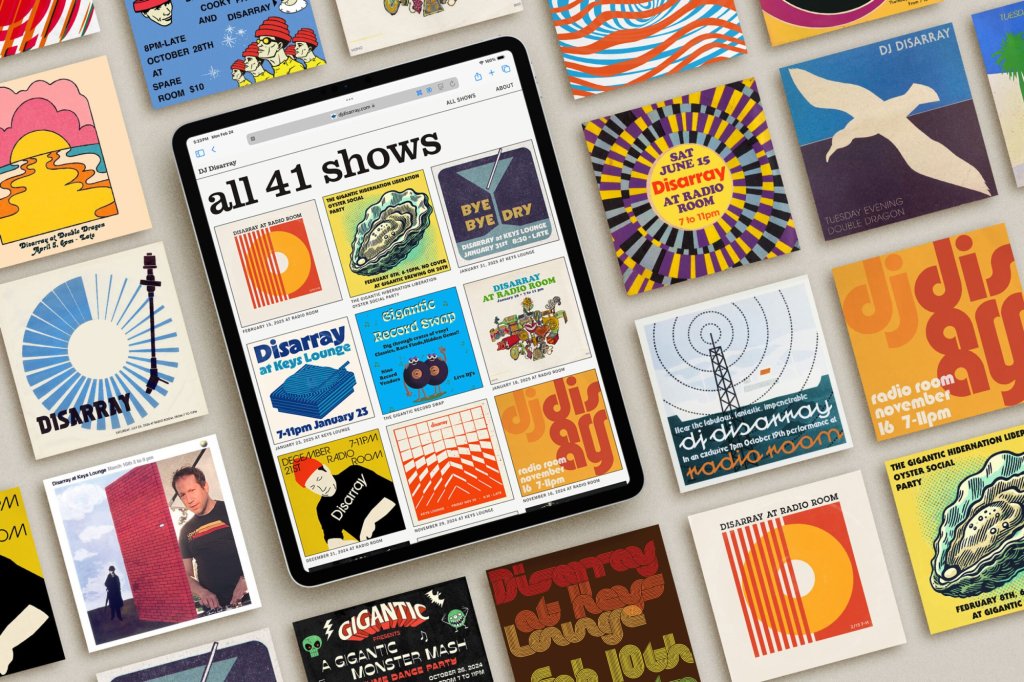 An iPad showing the DJ Disarray website, along with other artwork