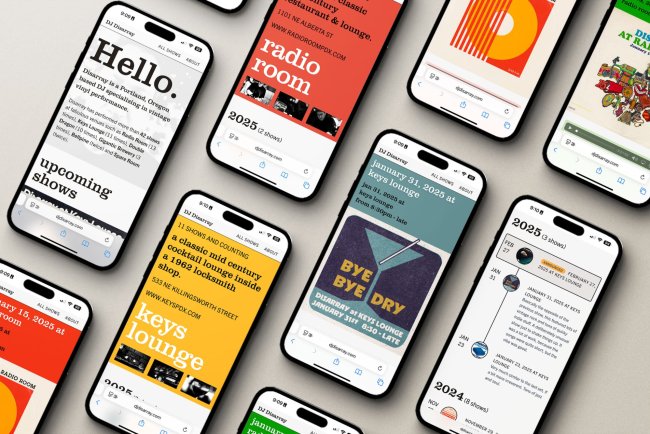 A collection of iPhone devices demonstrating the DJ Disarray website