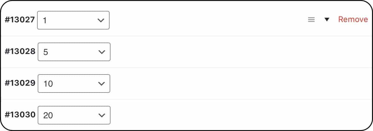 WooCommerce variations with tip amounts of 1, 5, 10, and 20 dollars.